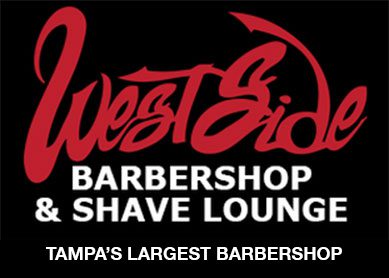 A black and red logo for west side barbershop & shave lounge.